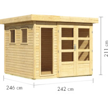 Abri de jardin en bois avec porte, fenêtres et dimensions de 246 cm x 242 cm x 211 cm