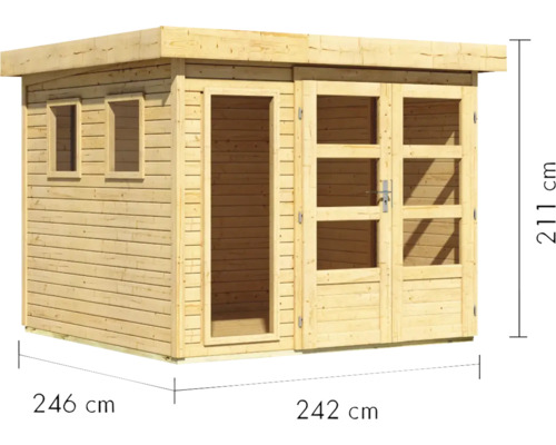 Abri de jardin en bois avec porte, fenêtres et dimensions de 246 cm x 242 cm x 211 cm