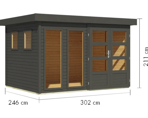 Gartenhaus aus Holz mit Fenstern und Türen, Abmessungen 246 mal 302 mal 211 Zentimeter