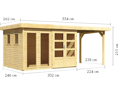 Holzgartenhaus mit Anbau und Maßangaben