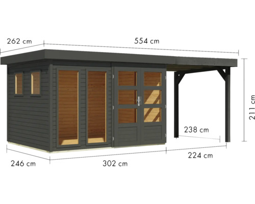 Image d''un abri de jardin en bois avec les dimensions suivantes : 262 cm de hauteur, 554 cm de largeur, 246 cm de profondeur, 302 cm de largeur de l''extension et 224 cm de profondeur de l''extension.