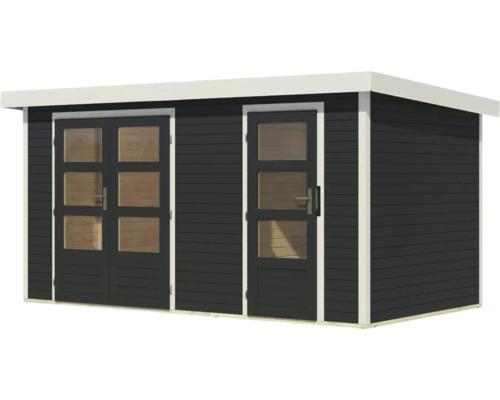 Abri de jardin en bois avec fenêtres dans les portes