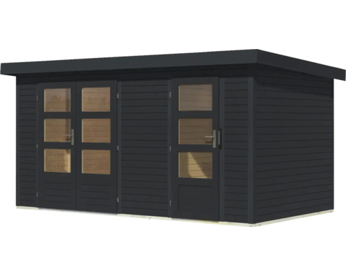 Abri de jardin en bois avec fenêtres et portes