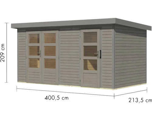 Abri de jardin d''une hauteur de 209 centimètres, d''une longueur de 400,5 centimètres et d''une largeur de 213,5 centimètres.