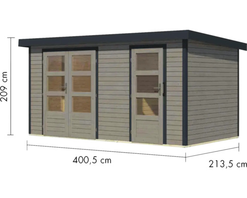 Abri de jardin en bois avec double porte et porte simple, dimensions 400,5 x 213,5 x 209 cm