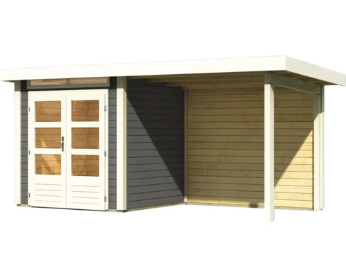 Abri de jardin en bois avec double porte et annexe ouverte
