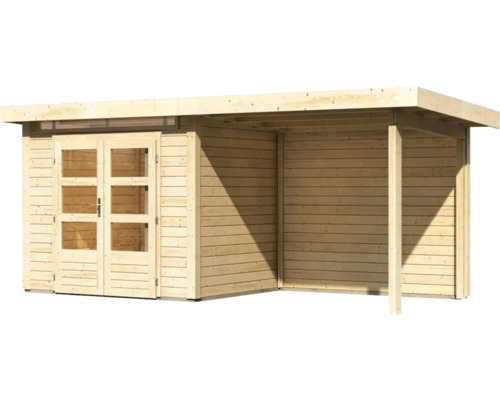 Holzgartenhaus mit Doppeltür und überdachtem Bereich