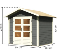 Abri de jardin en bois avec double porte et indications de taille : 230 cm de hauteur, 244 cm de largeur et 204 cm de profondeur