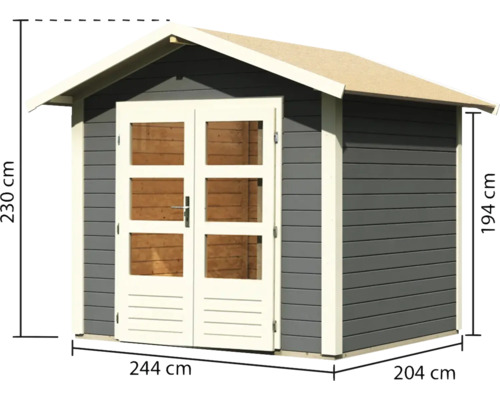 Gartenhaus aus Holz mit Doppeltür und Größenangaben 230 cm Höhe, 244 cm Breite und 204 cm Tiefe
