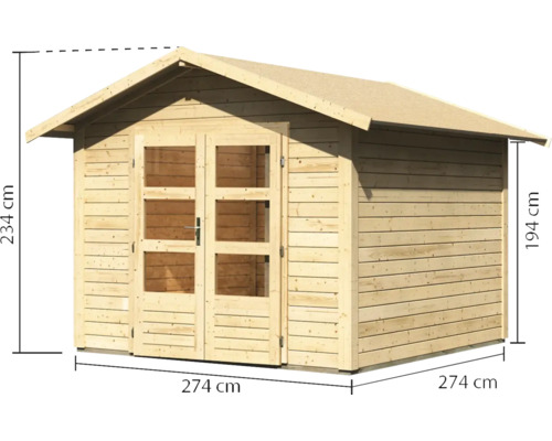 Holzgartenhaus mit Doppeltür und den Maßen 274 x 274 x 234 cm