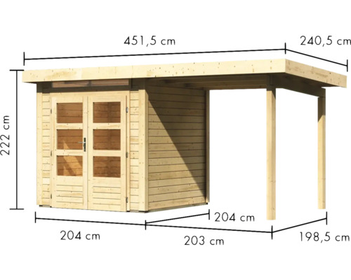 Abmessungen eines Gartenhauses aus Holz mit Anbau