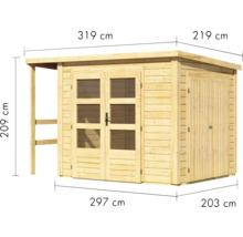 Gartenhaus aus Holz mit Anbau und Maßangaben