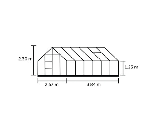 Abbildung eines Gewächshauses mit den Massen 2,30 Meter Höhe, 2,57 Meter plus 3,84 Meter Länge und 1,23 Meter Seitenhöhe