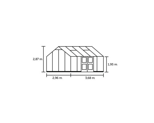 Dimensions d''une serre d''une hauteur de 2,87 mètres, d''une hauteur latérale de 1,95 mètre, d''une longueur de 2,96 mètres et d''une largeur de 3,68 mètres