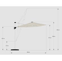 Technische Zeichnung eines Sonnenschirms mit Höhen- und Breitenangaben in Zentimetern