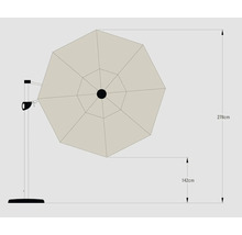 Abbildung eines Sonnenschirms mit den Maßen 278 cm Höhe und 142 cm Ausladung.