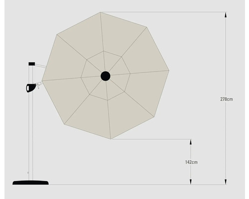 Abbildung eines Sonnenschirms mit den Maßen 278 cm Höhe und 142 cm Ausladung.