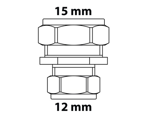 Technische Zeichnung einer Verschraubung mit den Massen 15 mm und 12 mm.
