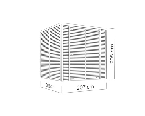 Illustration d''une cabane de jardin avec des dimensions de 208 cm de hauteur, 202 cm de largeur et 207 cm de profondeur