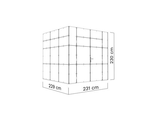 Dessin technique d''une cabine avec les dimensions suivantes : 229 centimètres, 231 centimètres et 230 centimètres.
