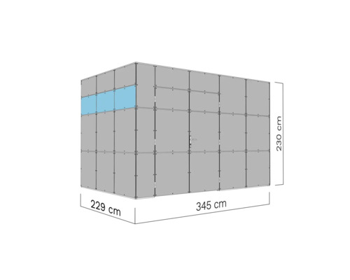 Vue d''un kit de construction d''une largeur de 345 centimètres, d''une longueur de 229 centimètres et d''une hauteur de 230 centimètres