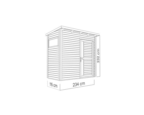 Illustration d''une remise de jardin avec fenêtre et porte et dimensions 115 cm x 234 cm x 232 cm.