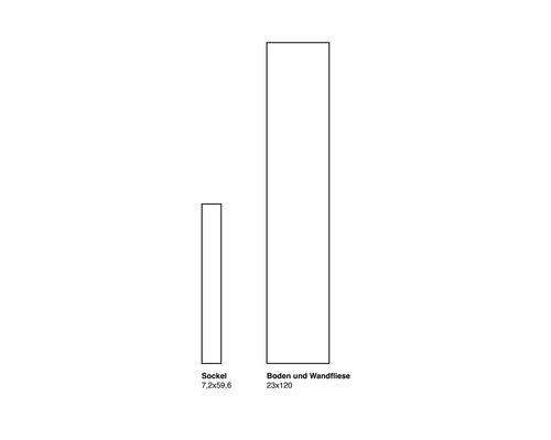 Illustration d''une plinthe de 7,2x59,6 cm et d''un carreau de sol et mural de 23x120 cm.