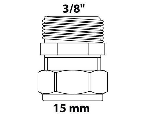Zeichnung einer Verschraubung mit den Maßen 3/8 Zoll und 15 Millimeter