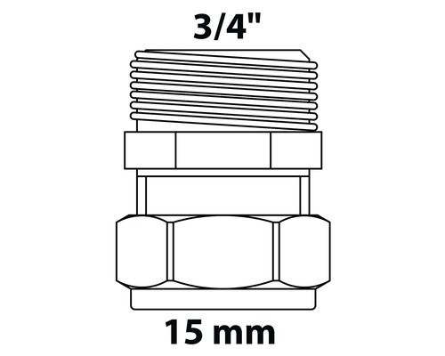 Zeichnung einer Verschraubung mit den Maßen 3/4 Zoll und 15 Millimeter