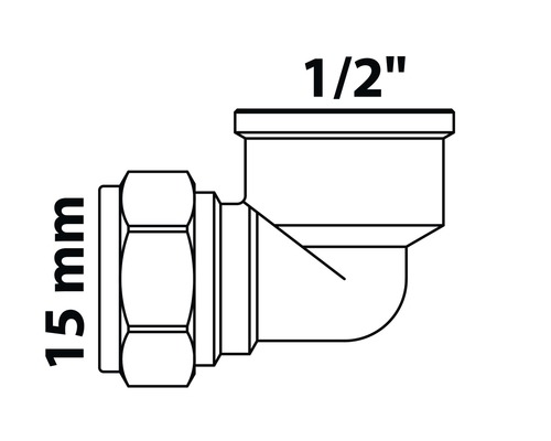 Schema eines 15 mm Winkelstücks mit 1/2 Zoll Anschluss