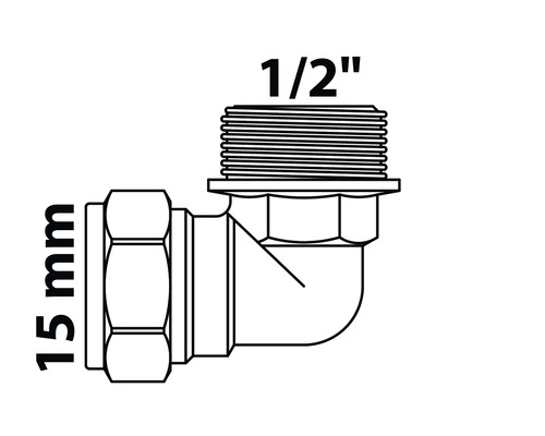 Abbildung eines 15 mm Eckverbinders mit 1/2-Zoll-Gewinde
