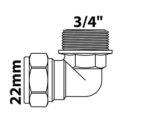 Abbildung eines 22 mm Winkelstücks mit 3/4-Zoll-Gewinde
