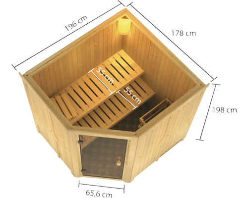 Abmessungen einer Ecksauna mit Holzbänken und Glastür
