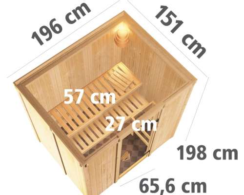 Innenansicht einer Sauna mit Bemaßung: 196 cm Länge, 151 cm Breite, 198 cm Höhe, 65,6 cm Tiefe, 57 cm obere Sitzbankbreite, 27 cm untere Sitzbankbreite.