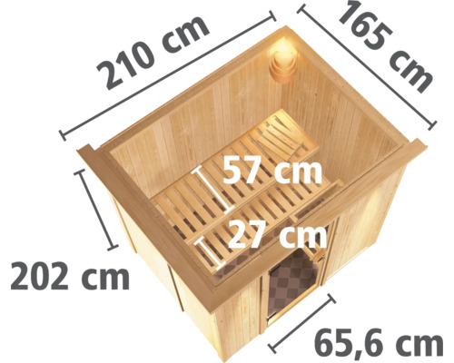 Abmessungen der Holzsauna mit Bänken und Beleuchtung