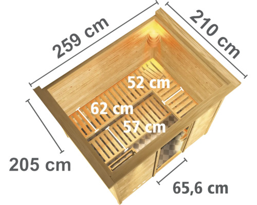 Dimensions d''un sauna en bois : 259 cm de large, 205 cm de haut, 210 cm de profondeur