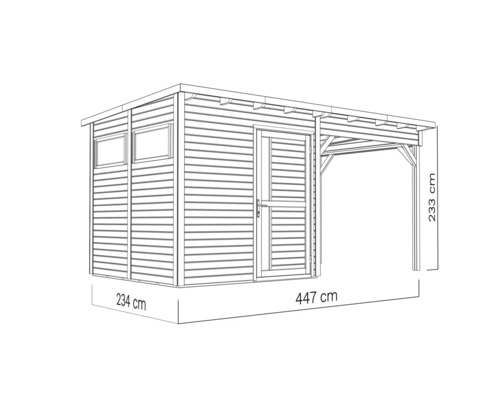 Illustration d''une cabane de jardin avec auvent et dimensions de 234 sur 447 sur 233 centimètres