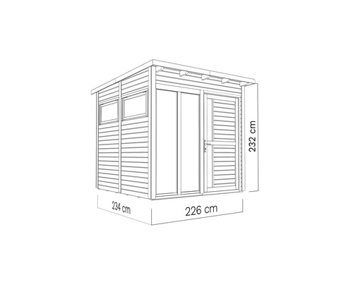 Illustration d''un abri de jardin mesurant 234 sur 226 sur 232 centimètres.