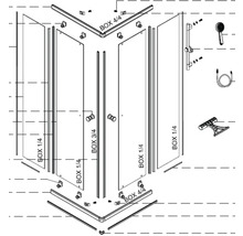 Schéma éclaté d''une cabine de douche avec composants individuels et instructions de montage.