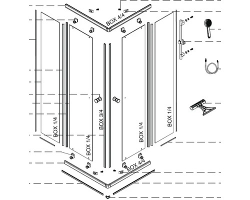 Schéma éclaté d''une cabine de douche avec composants individuels et instructions de montage.