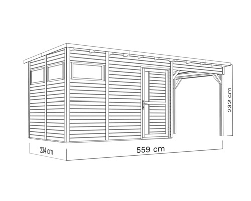 Illustration d''un abri de jardin avec auvent, dimensions 234 x 559 x 232 centimètres.