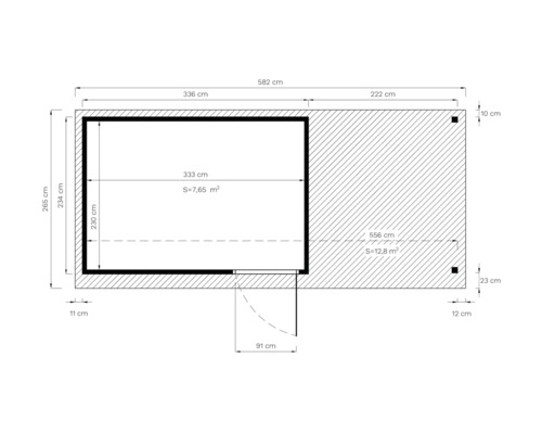 Dessin technique d''une cabane de jardin avec des mesures.