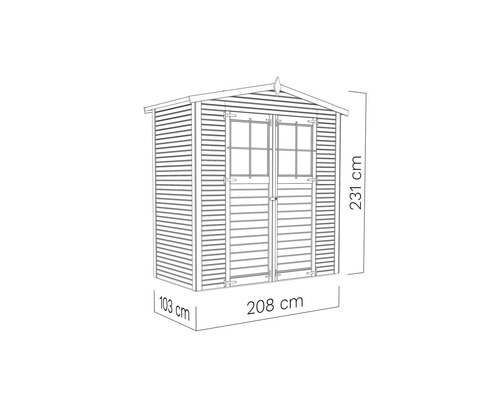 Abri de jardin avec double porte et fenêtre, avec les dimensions suivantes : 231 cm de hauteur, 208 cm de largeur et 103 cm de profondeur