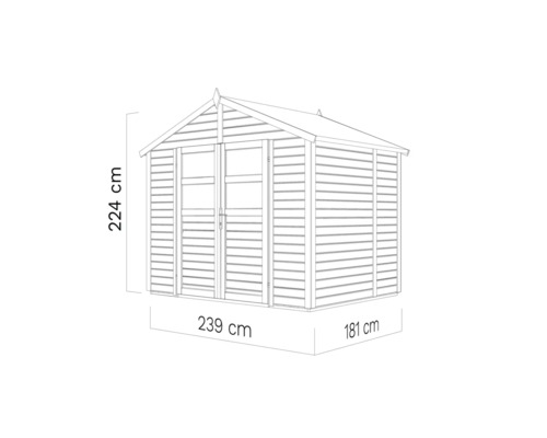 Image d''un abri de jardin avec des dimensions de 224 cm de hauteur, 239 cm de largeur et 181 cm de profondeur.