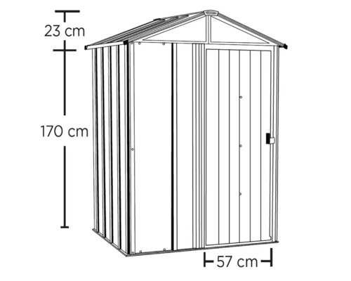 Image d''un abri de jardin avec des dimensions de 170 cm de hauteur, 57 cm de largeur et une hauteur de toit de 23 cm.