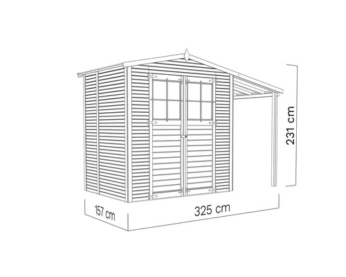 Illustration d''une cabane de jardin mesurant 325 cm sur 157 cm sur 231 cm