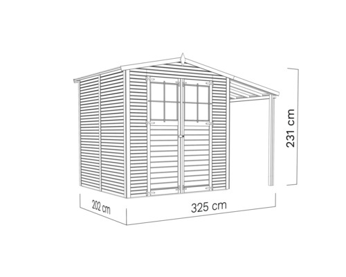 Abri de jardin en bois avec double porte, fenêtres et auvent, dimensions 202 cm x 325 cm x 231 cm