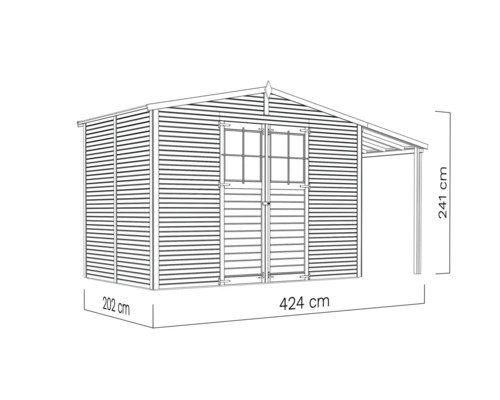 Image d''un abri de jardin avec les dimensions 424 x 202 x 241 cm