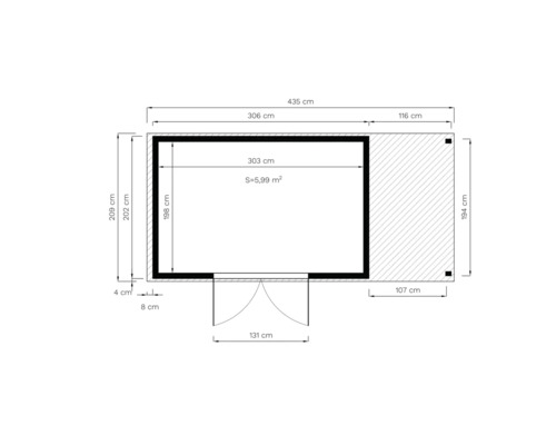 Plan d''un abri de jardin avec dimensions en centimètres et mètres carrés