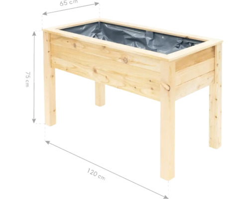 Jardinière sur pieds en bois mesurant 120 cm de long, 65 cm de large et 75 cm de haut